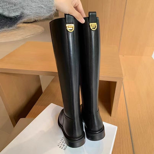 Round Toe Side Zipper Fleece-lined Long Biker Boots Women's Autumn And Winter GlamzKart