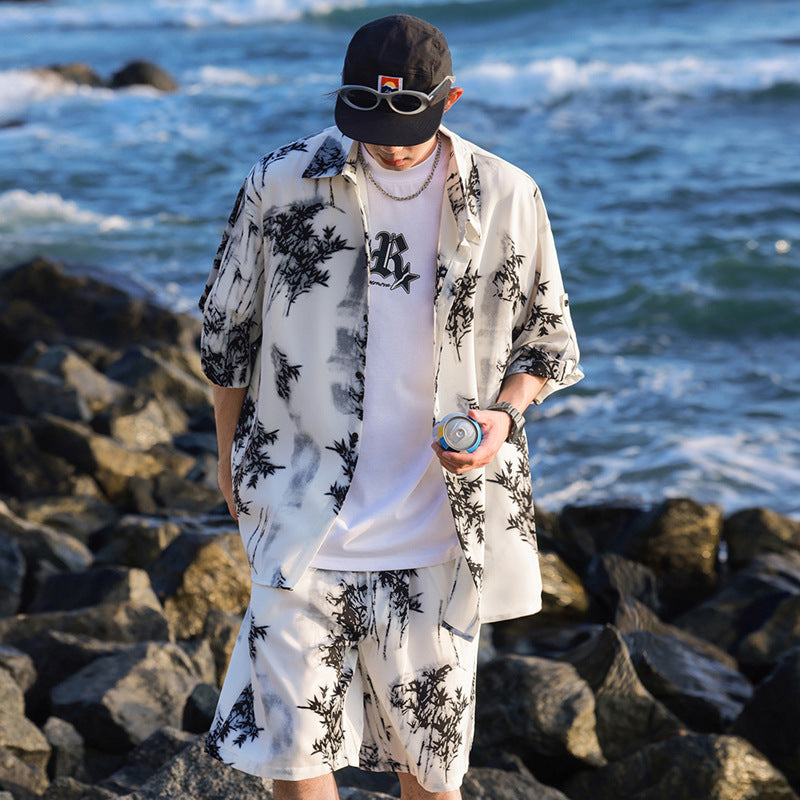 Ice Silk Tie-dye Sports Suit Men's Short-sleeve Shirt Beach Shorts Two-piece Set GlamzKart