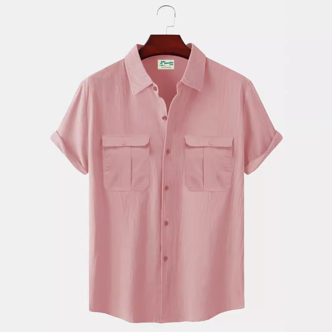 Solid Color Patchwork Linen Cardigan Short Sleeve Loose Lapels Men's Shirt GlamzKart