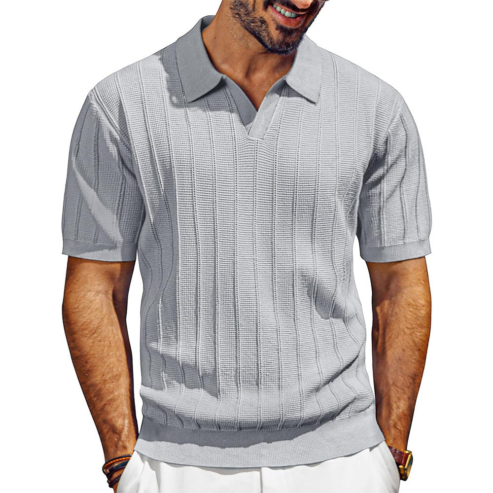 Men's Breathable V-neck Hollow Lapel Knitwear Light Gray GlamzKart