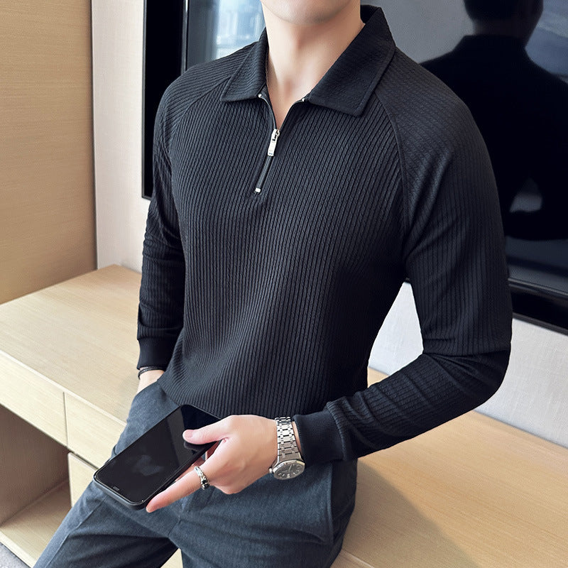 High Elastic Thickened Seersucker Half Zipper Polo Shirt GlamzKart