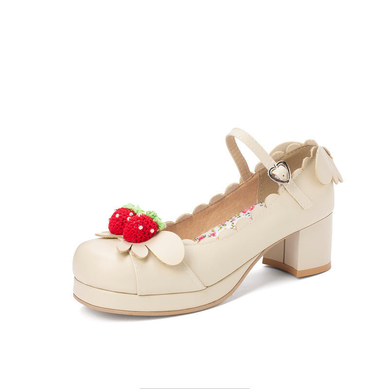Retro Round Head Chunky Heel Mary Jane Shoes Beige GlamzKart