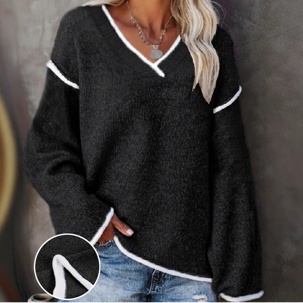 V-neck Color-contrasting Stripe Loose Casual Plus Size Women's Knitted Blouse Black GlamzKart