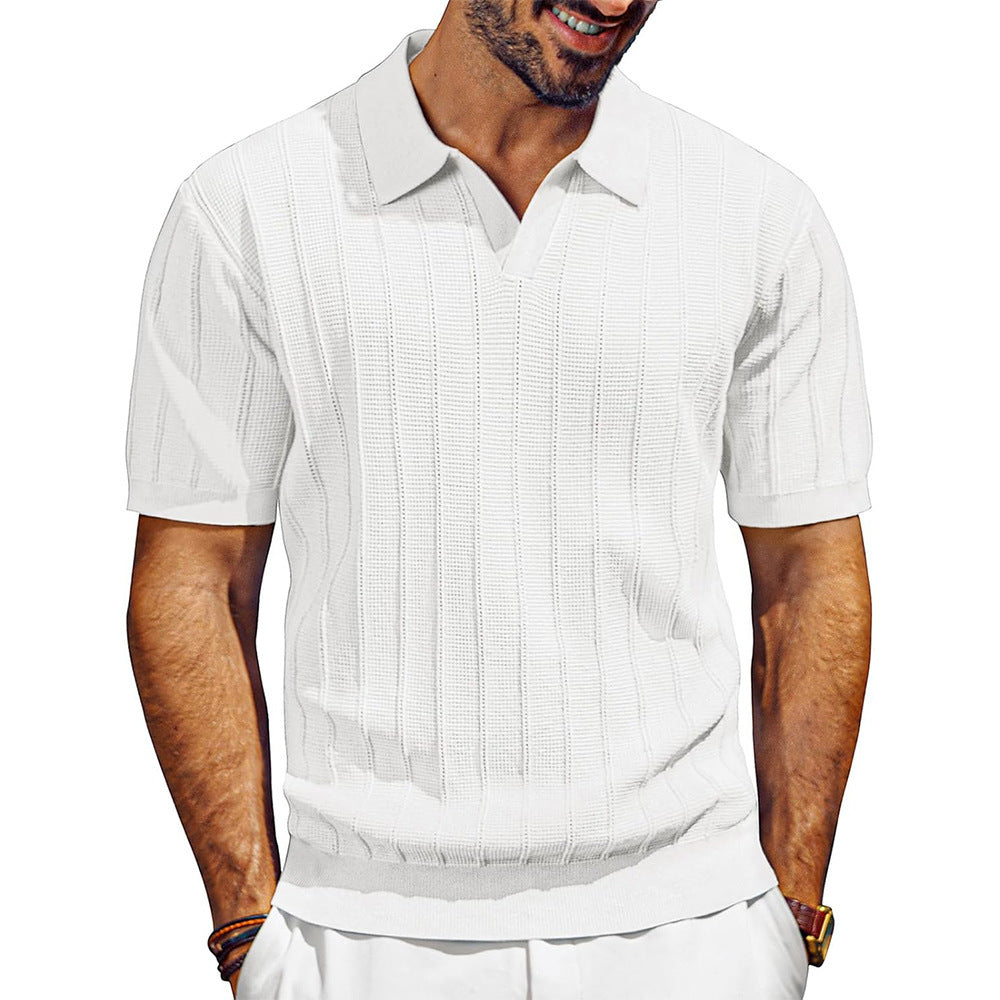 Men's Breathable V-neck Hollow Lapel Knitwear White GlamzKart