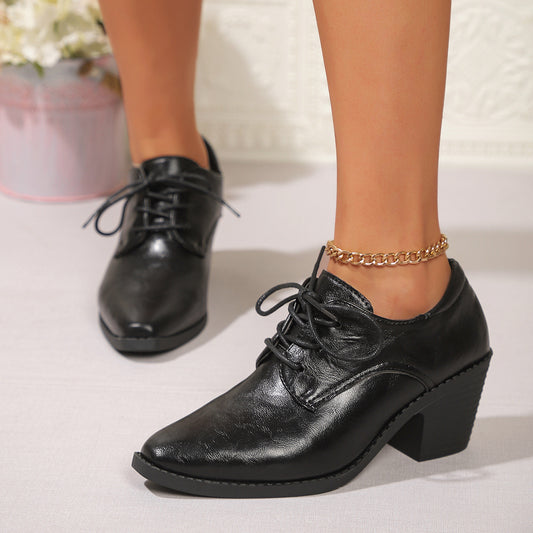 Pointed British Style High Heel Chunky Heel Front Lace-up Low-top Leather Shoes GlamzKart