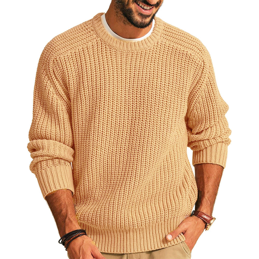 Men's Solid Color Long Sleeve Round Neck Fashion Sweater Loose Retro Sweater Khaki GlamzKart