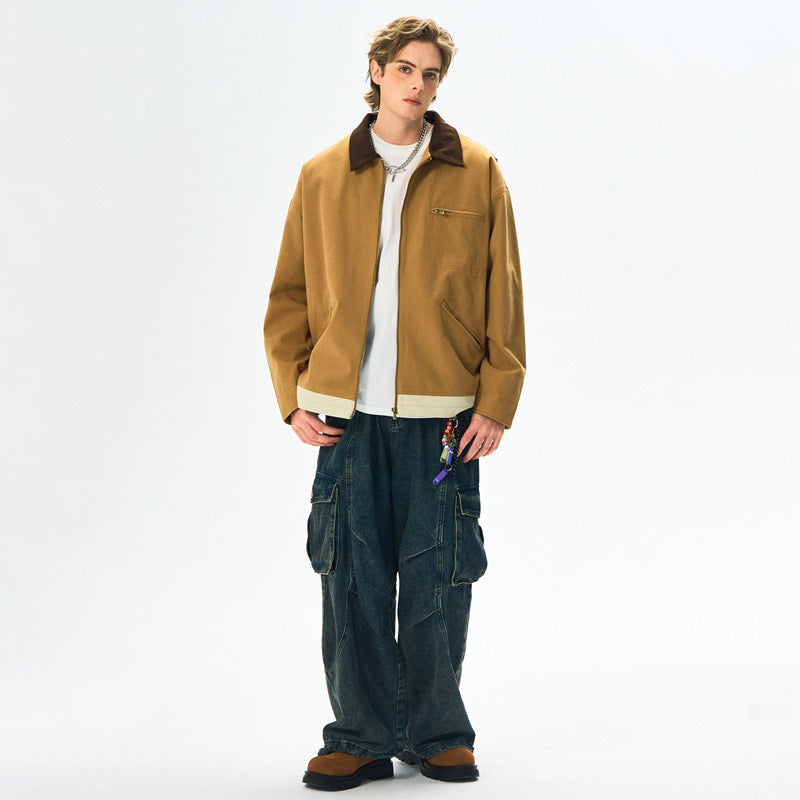 Contrast Color Washed Polo Collar Jacket Men GlamzKart