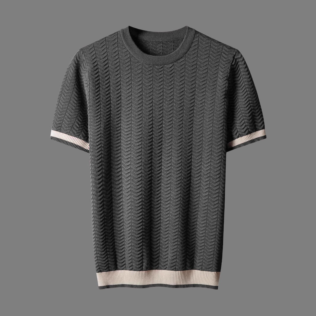 Men's Round Neck Contrast Color Jacquard Texture Slim-fit Short Sleeve GlamzKart