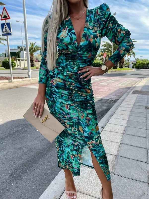Puff Sleeve Long Sleeve Split V-neck High Waist Slimming