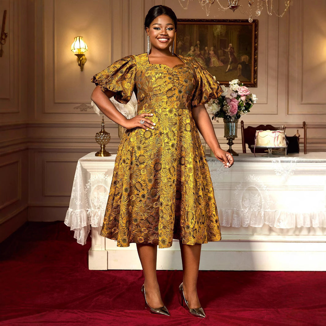 Puff Sleeve Jacquard Square Collar A Swing Long Cocktail Party Dress GlamzKart