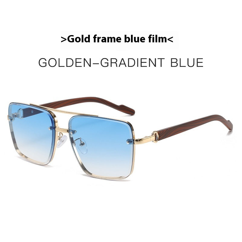 Metal Double Beam Frame Wood Grain Leg Sunglasses Gold Frame Gradient Blue GlamzKart