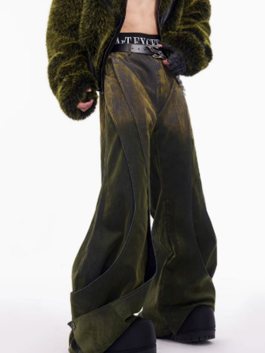 Niche Deconstruction Flocking Jeans Men's Autumn And Winter Brushed Gradient GlamzKart