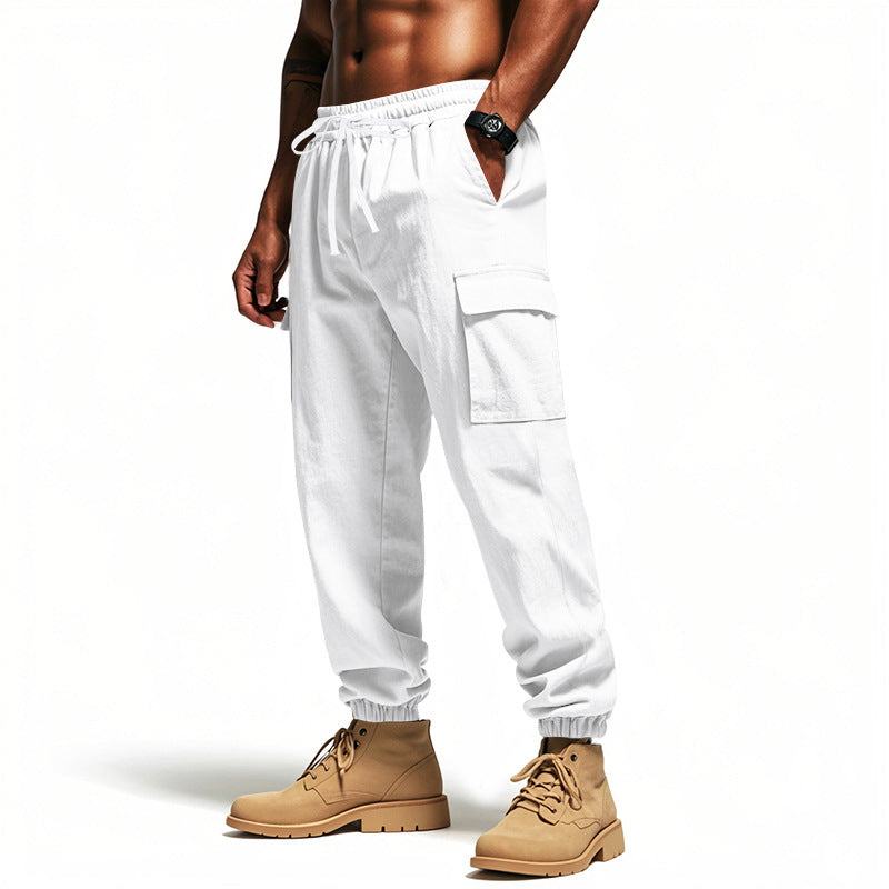 Loose Multi-pocket Workwear Ankle Banded Slacks White GlamzKart