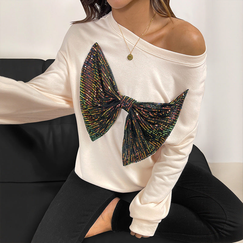 Sequined Bow Crew Neck Pullover Sweatshirt Women GlamzKart