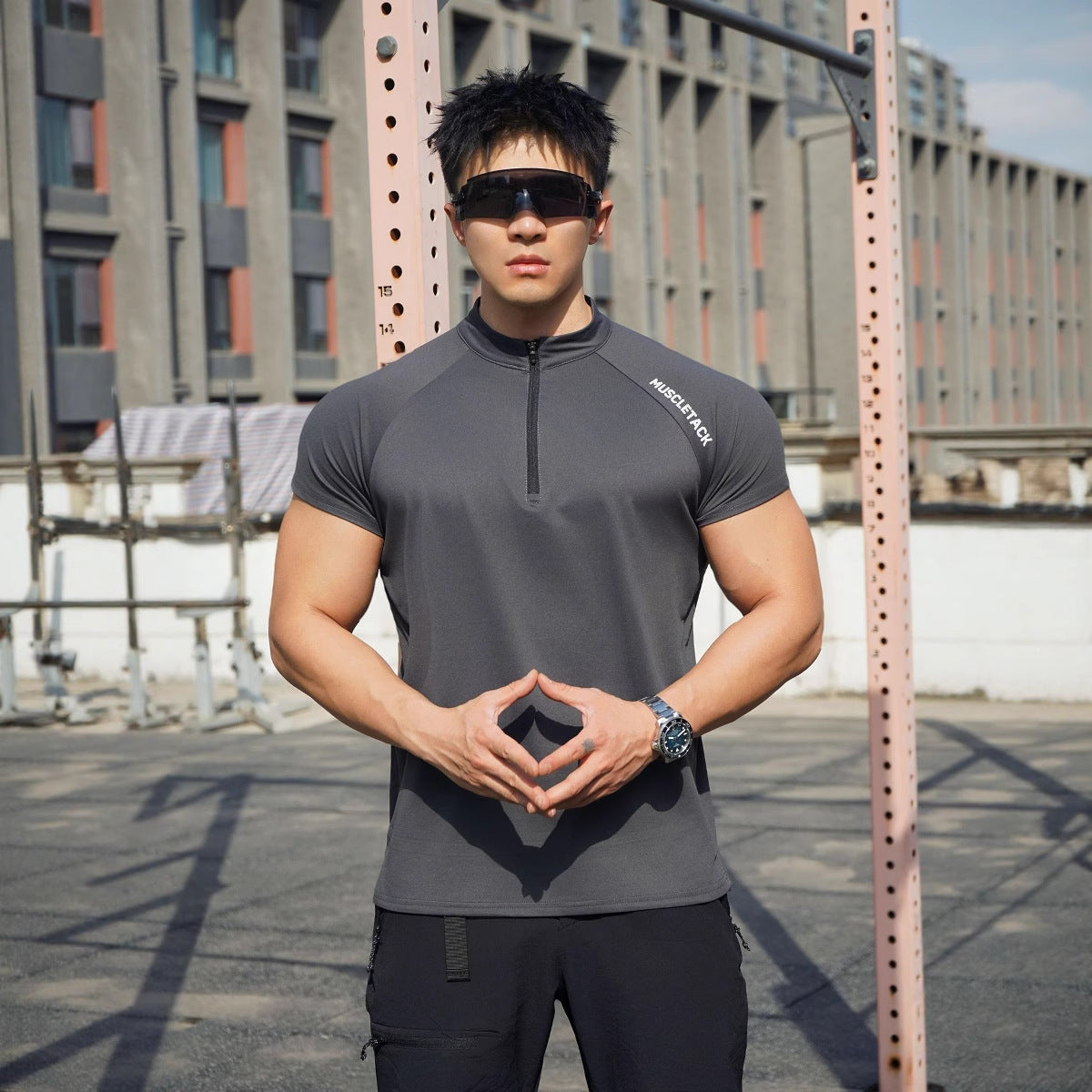 Short Sleeve Outdoor Sports Half Zipper Stand Collar T-shirt Carbon Gray GlamzKart