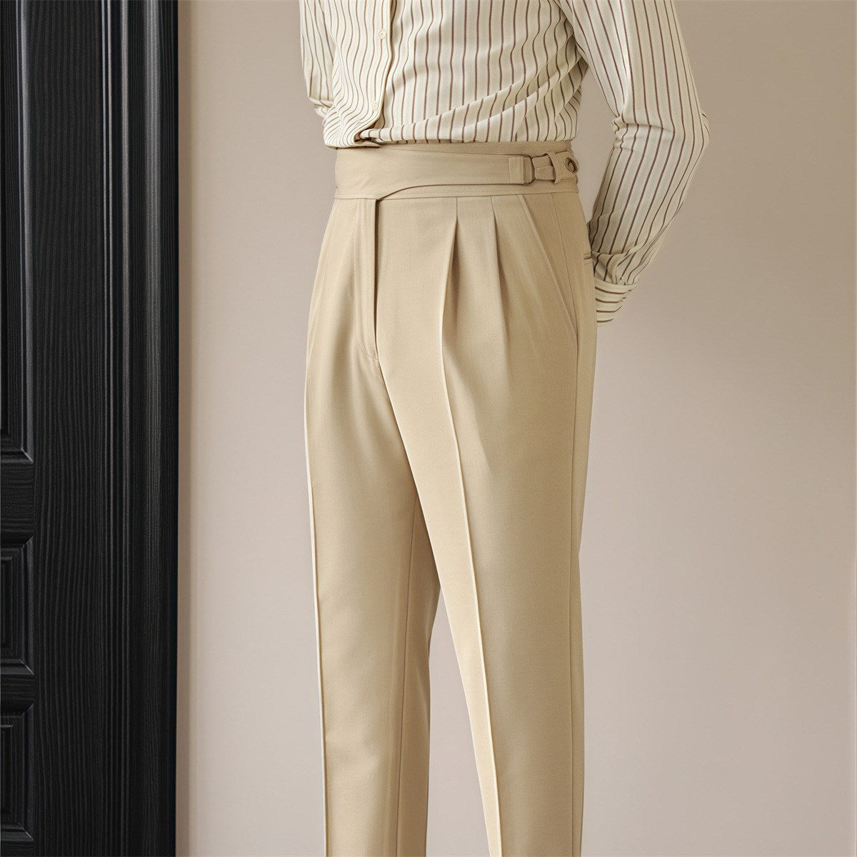 British Retro Business Casual Paris Buckle Suit Pants Men Khaki GlamzKart