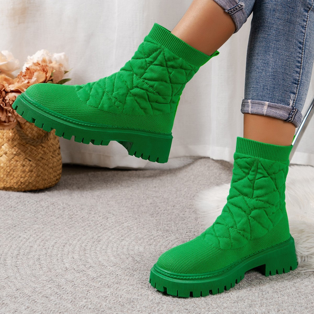 Flying Woven Plus Size Thick Bottom Casual Outdoor Martin Boots Green 35 GlamzKart