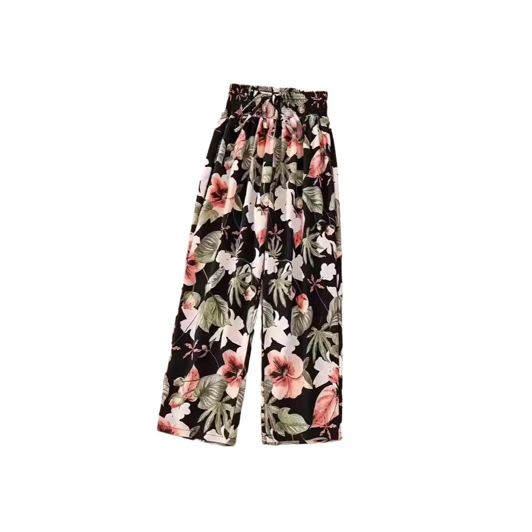 Casual Flower Pants Spring And Summer Thin High Waist Slimming Ice Silk Elastic Floral Straight GlamzKart