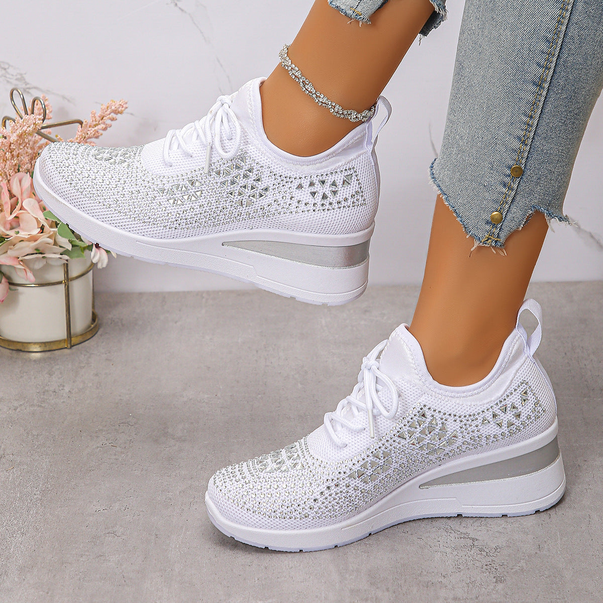 Rhinestone Lace Up Fashion Style Daily Commuter Women's Casual Shoes White GlamzKart