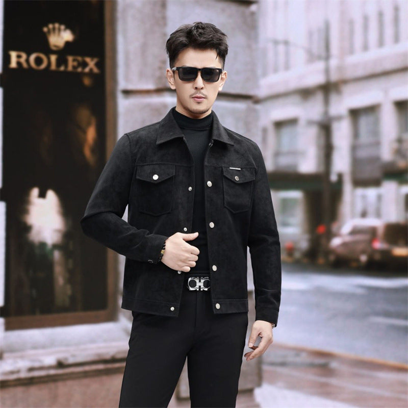Suede Leather Jacket Men's Slim-fit High-grade Pu Handsome Retro Biker's GlamzKart