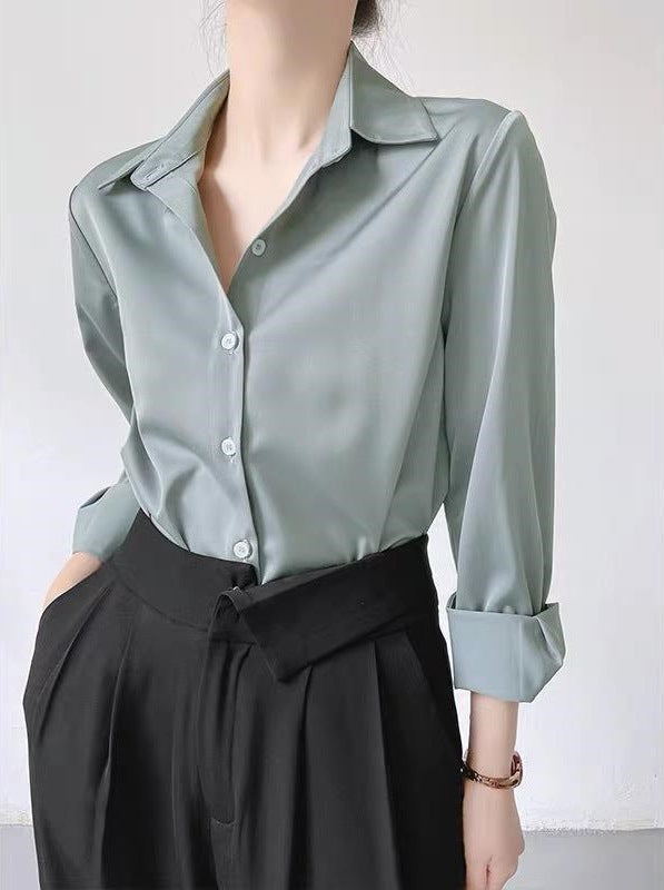 Women's High-grade Green Satin Shirt Dark Green Gray GlamzKart