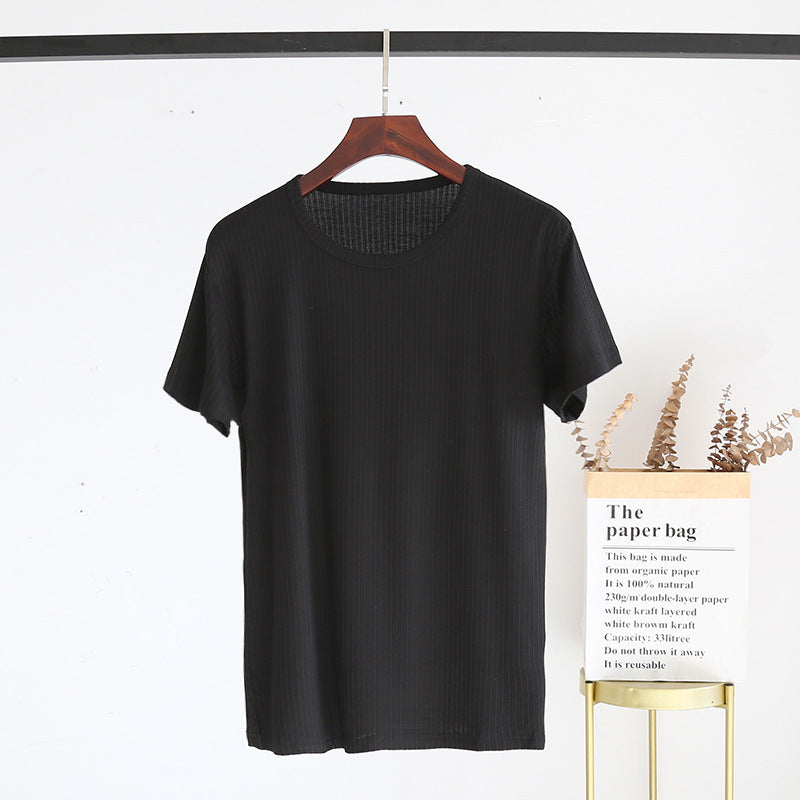 Men's Summer Jacquard Modal Outerwear T-shirt Pajamas Solid Color Sweat-absorbent Cool Breathable Fabric Round Collar In Black GlamzKart