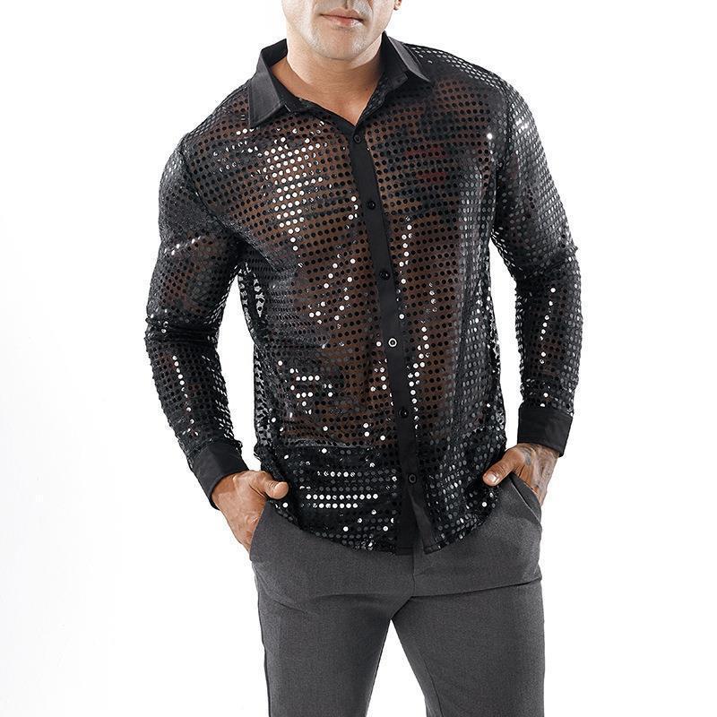 Men's Scales Shirt Long Sleeve Collar Black GlamzKart