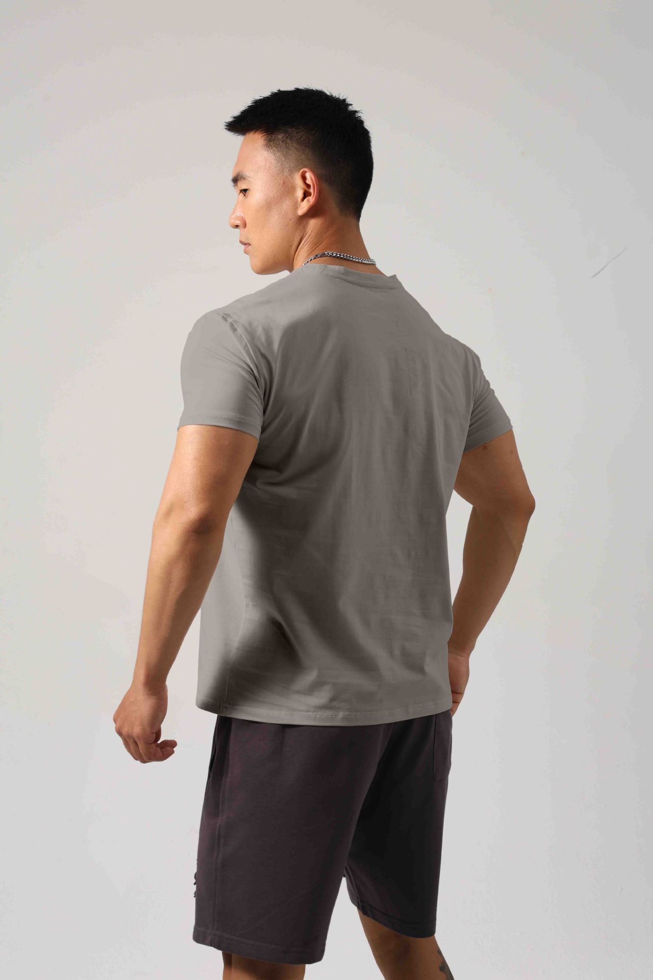 Men's Short Sleeve New Small Neckline Show Muscle Sports Fitness Short Sleeve Light Board G81 Rock Gray GlamzKart