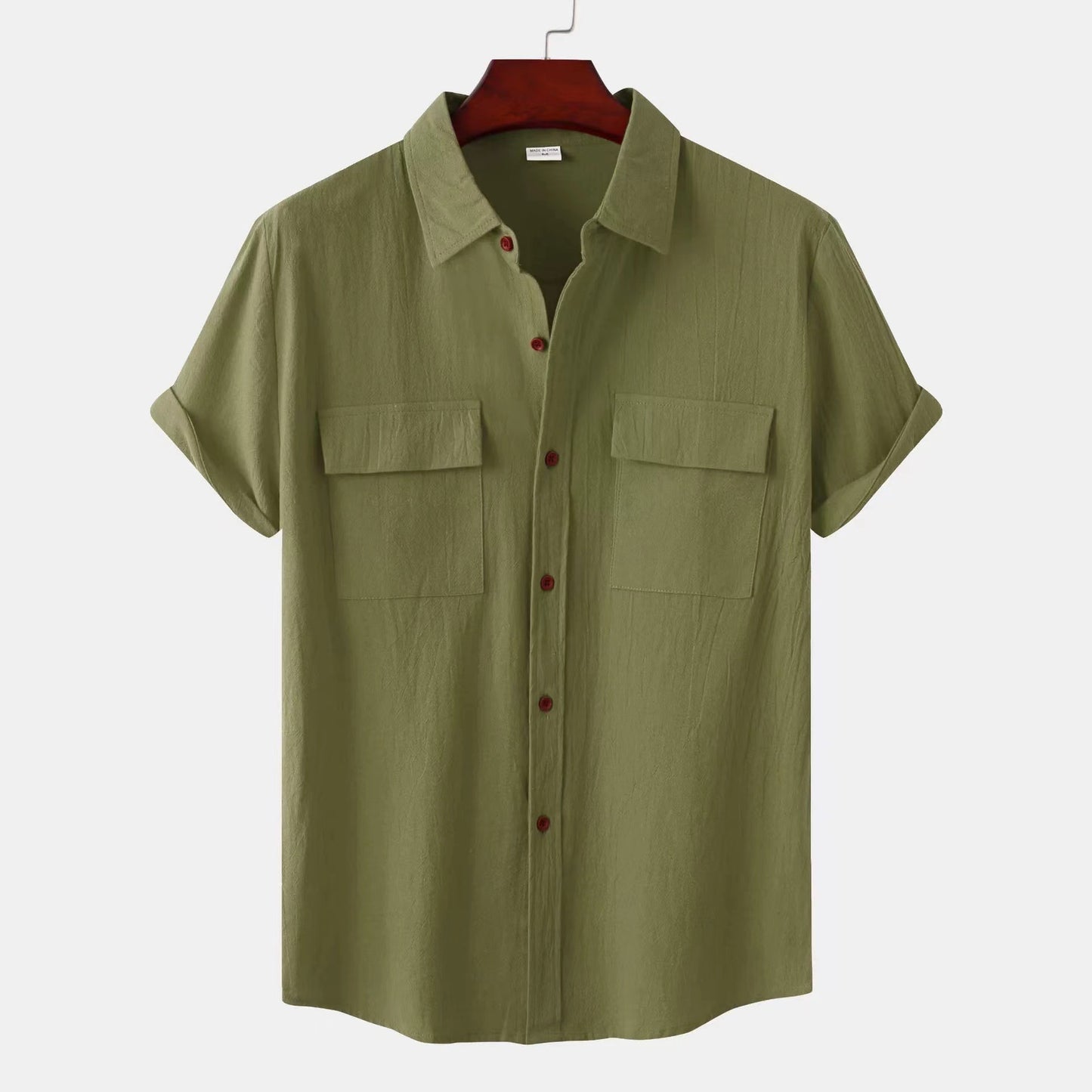 Solid Color Patchwork Linen Cardigan Short Sleeve Loose Lapels Men's Shirt Army Green GlamzKart