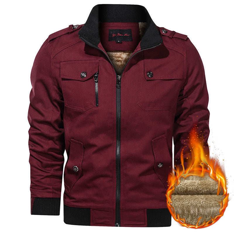 Fleece-lined Thickened Korean Style Casual Polo Collar Flight Jacket Warm-keeping Cotton Clothing Red GlamzKart