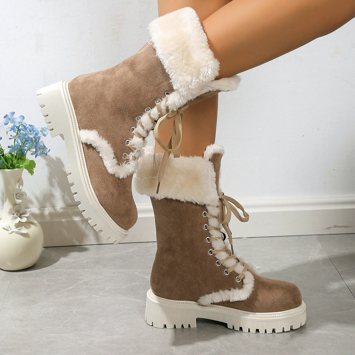 Winter Lace-up Snow Boots For Women Mid-tube Fleece Shoes Warm Chunky Heels Plush Boot Brown GlamzKart