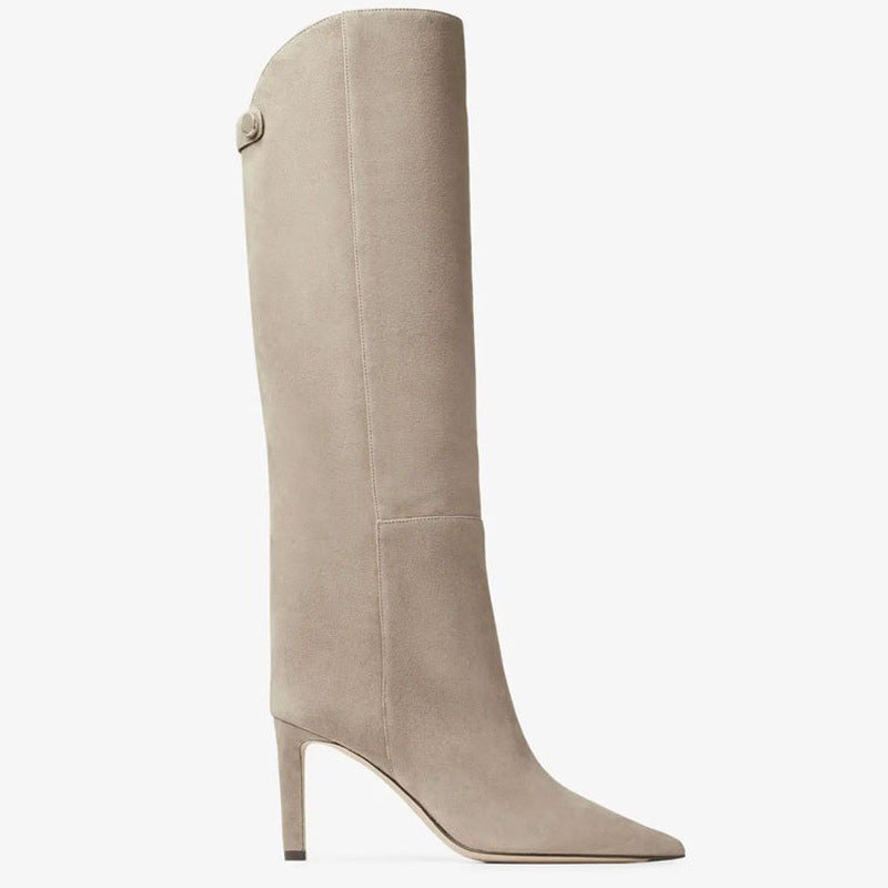 Simple European And American Style Fashion Catwalk Pointed-toe Stiletto Straight Boots Beige Suede GlamzKart