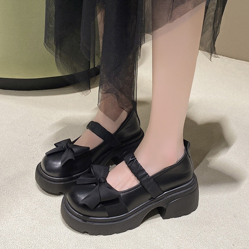 Small Leather Shoes Women's High Heel With Skirt Bow French Chunky Heel Pumps GlamzKart
