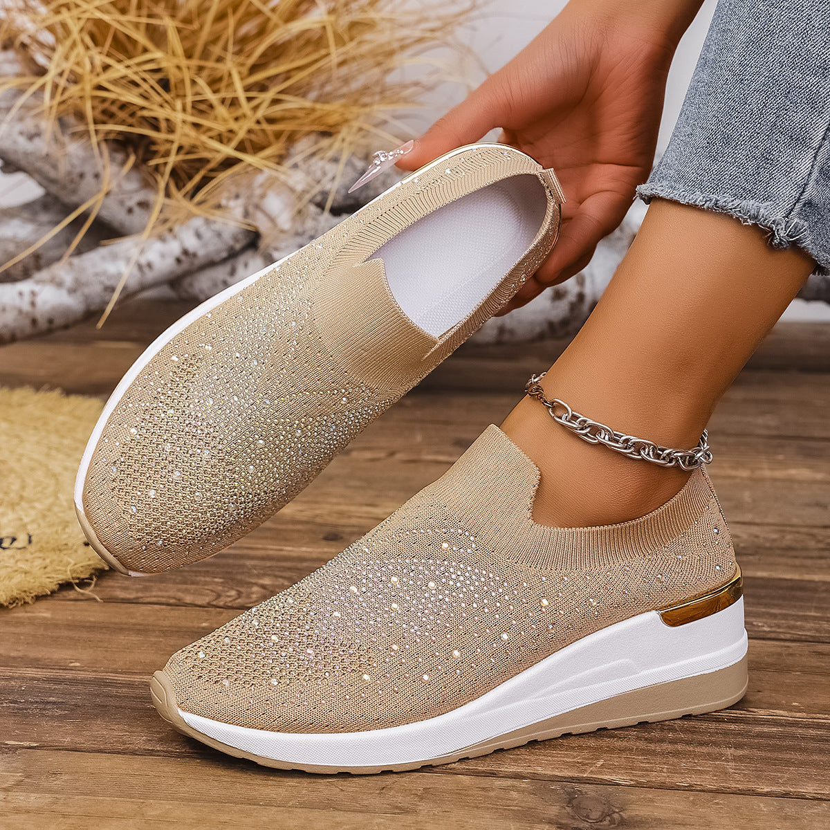Pumps Women's Summer Wedge Round Toe Rhinestone Slip-on Women's Pumps Pumps Creamy White GlamzKart