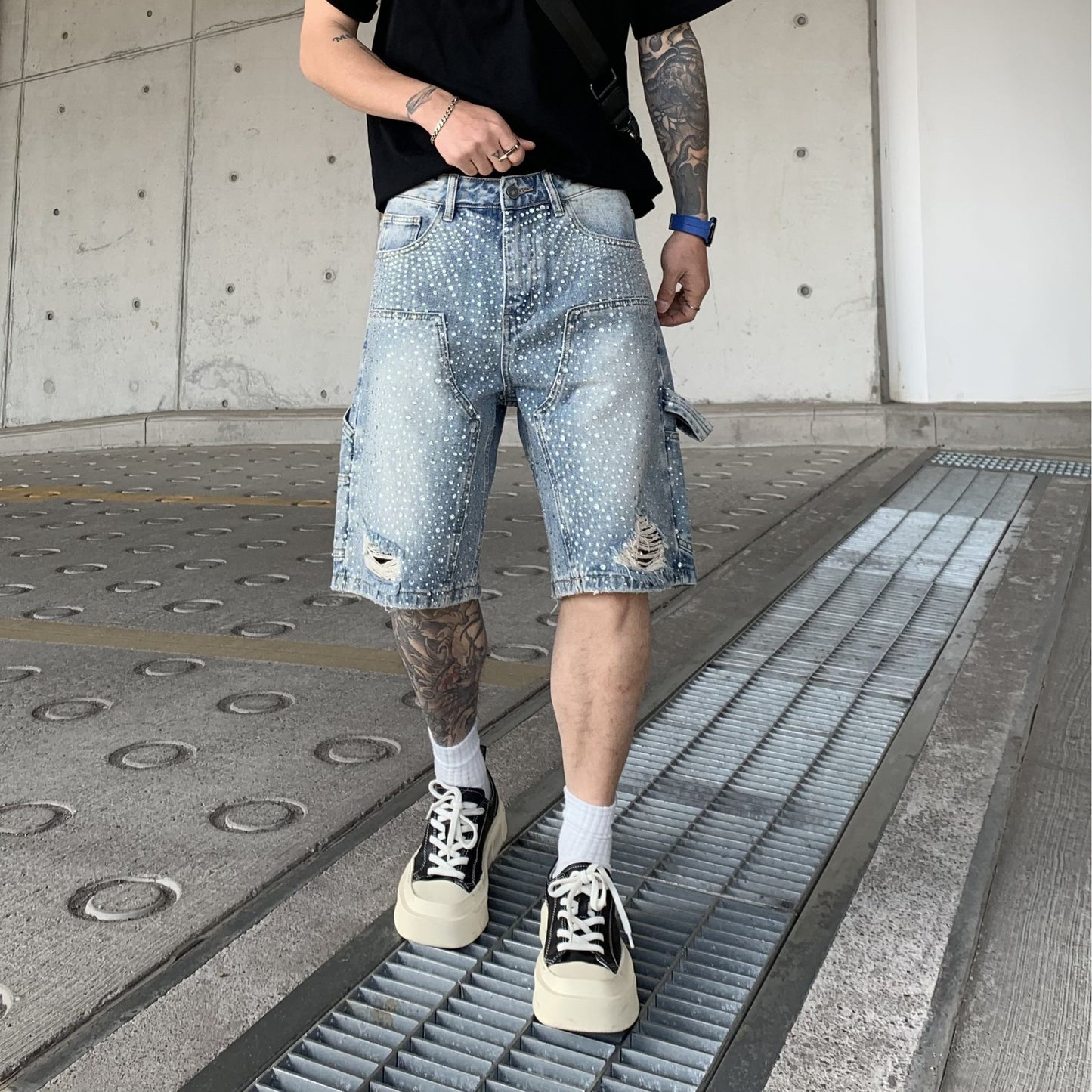 Fashion Work Clothes Gradient Cropped Pants Men Retro Blue 13842 GlamzKart