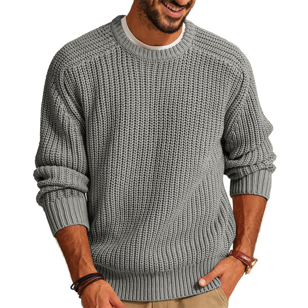 Men's Solid Color Long Sleeve Round Neck Fashion Sweater Loose Retro Sweater Gray GlamzKart