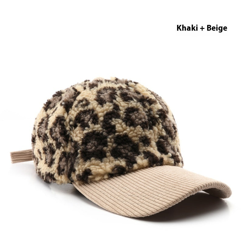 Japanese Women's Autumn And Winter Personalized Retro Color-blocking Leopard Print Baseball Cap Khaki Beige GlamzKart