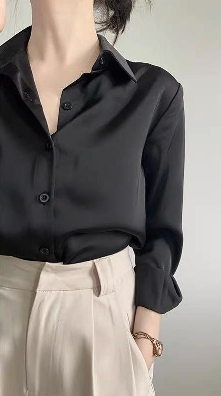 Women's High-grade Green Satin Shirt Classic Black GlamzKart