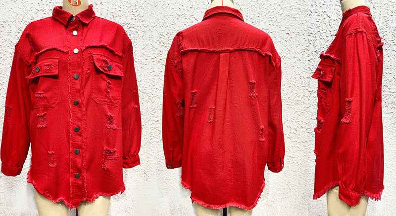 Distressed Denim Jacket Women's Long Sleeve Shirt Casual Lapel Coat With Raw Hem Details