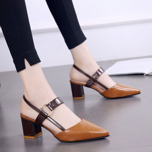 Summer Gentle Thick-heeled High Heels Shoes Baotou Sandals For Women Light Brown GlamzKart