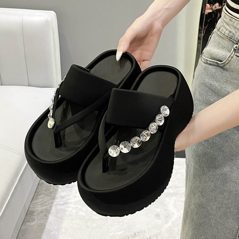 Women's Thick-soled Stylish Flip-flops Rhinestone Temperament Leisure Slippers GlamzKart