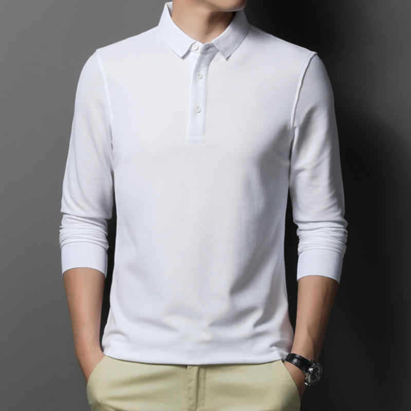 Casual And Comfortable Fashion Classic Solid Color Long Sleeve Lapel Polo Shirt White GlamzKart