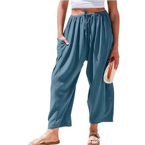 Elastic Pleated High Waist Cotton Linen Wide Leg Pants GlamzKart