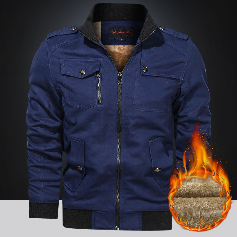 Fleece-lined Thickened Korean Style Casual Polo Collar Flight Jacket Warm-keeping Cotton Clothing Dark Blue GlamzKart