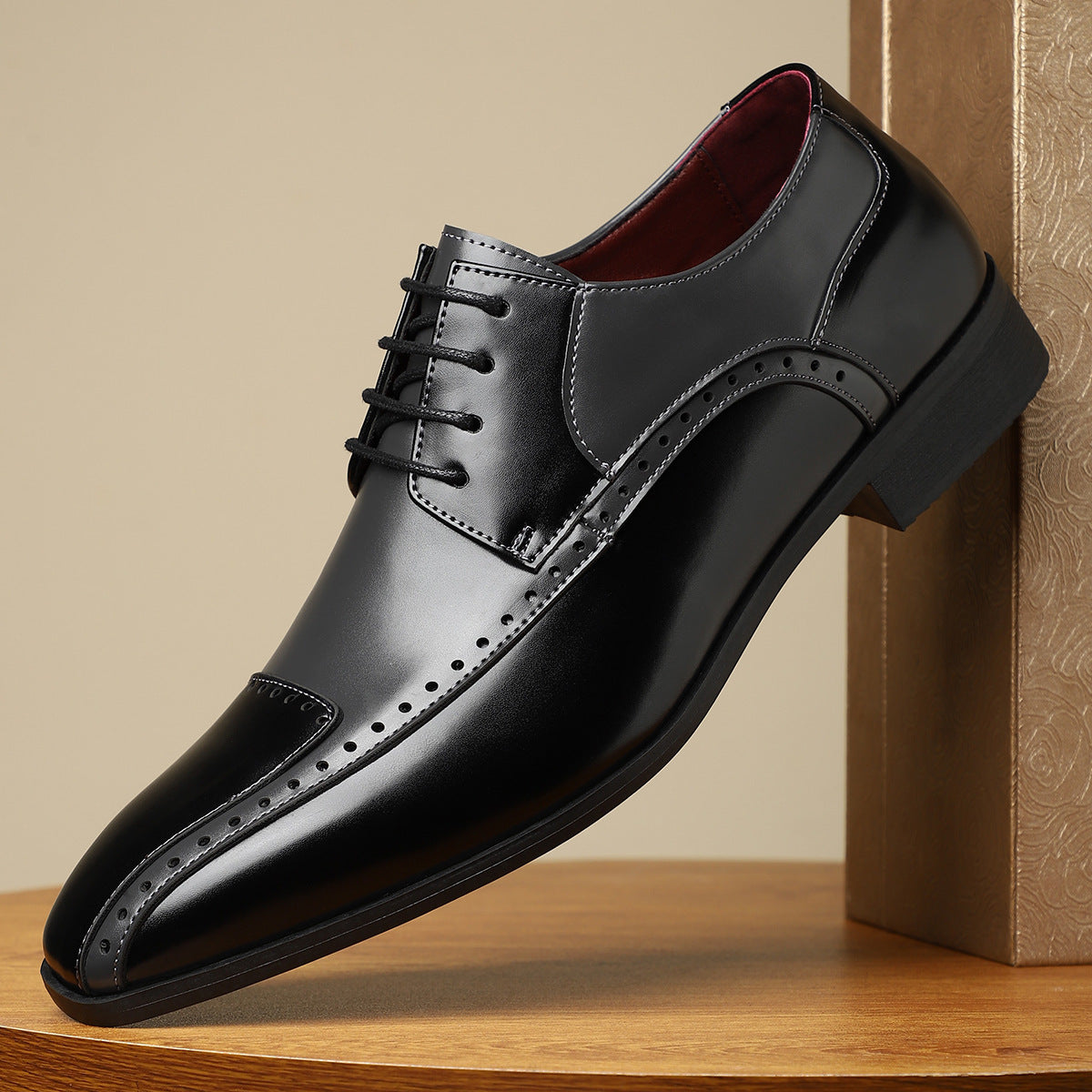 Men's Trendy Non-slip Breathable Leather Shoes Color Matching Business Black GlamzKart