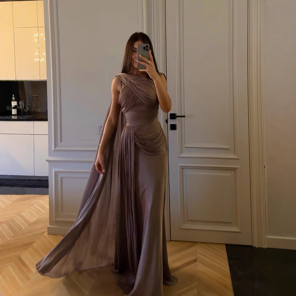 Pleated Ribbon Satin Evening Dress GlamzKart