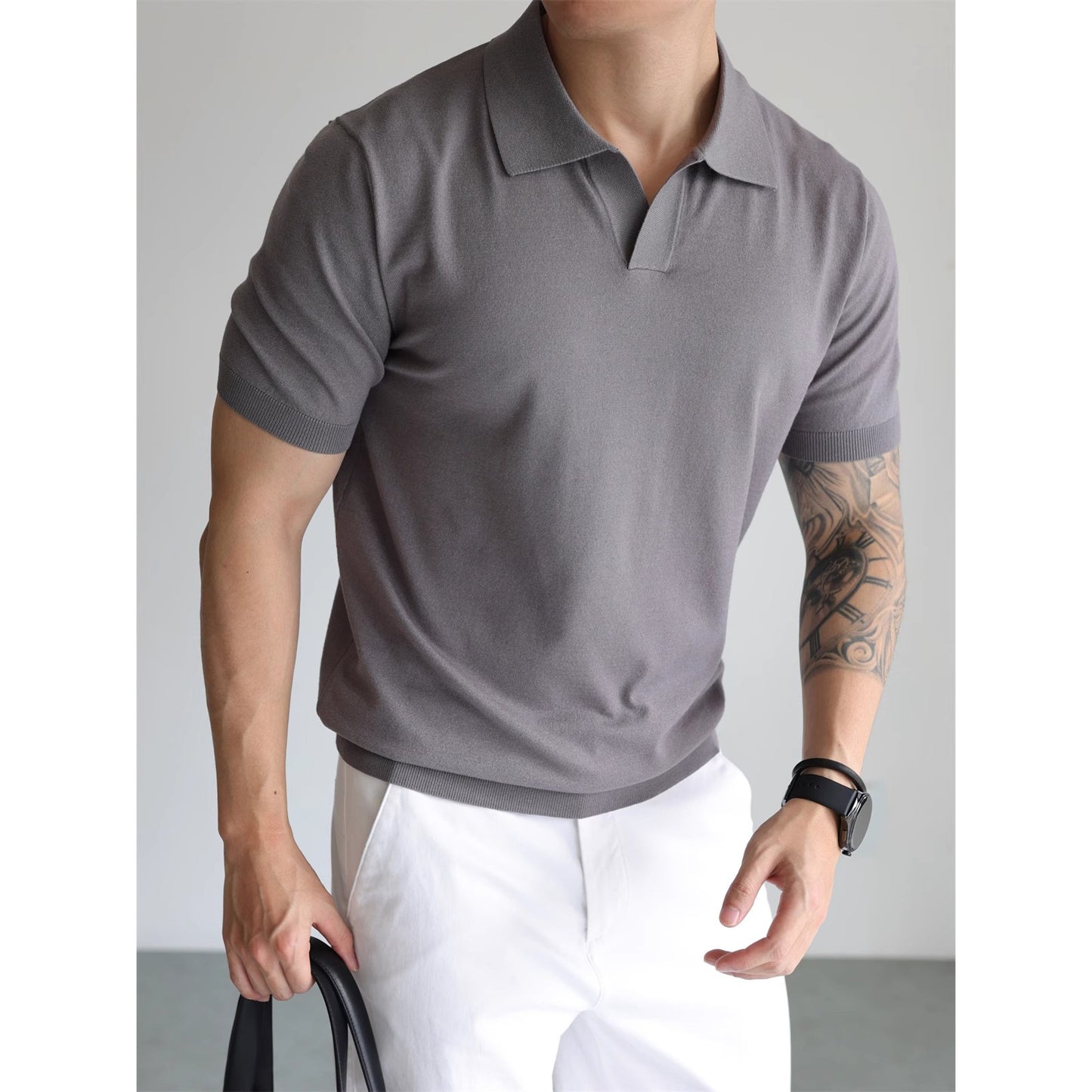 Men's British Business Summer Ice Silk T-shirt Gray GlamzKart