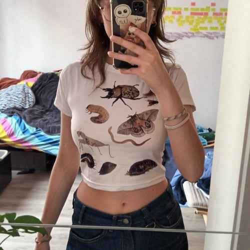 Female Casual Insect Print Midriff-baring Short Sleeve