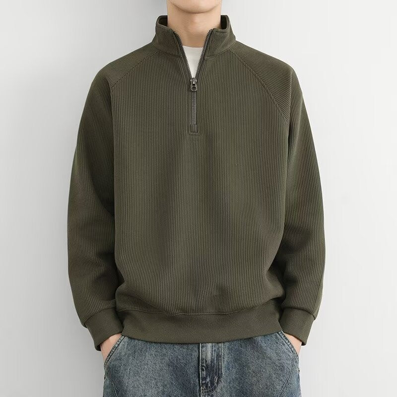 Half Zipped Stand Collar Men's Vintage Fleece-lined Thickened Casual Sweatshirt Green GlamzKart