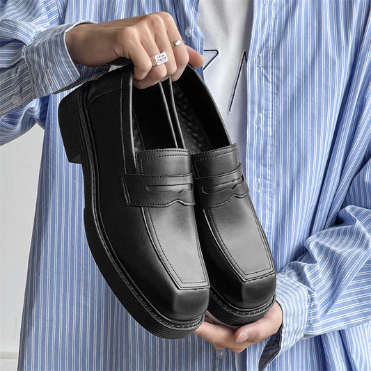 Hong Kong Style Thick-soled British Style Leather Shoes Spring And Autumn Single-layer Shoes Black GlamzKart